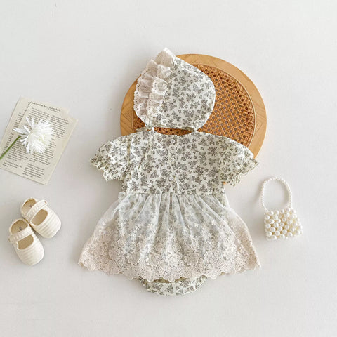 Baby Girl Vintage Floral Mesh Skirt Bodysuit w/ Bonnet