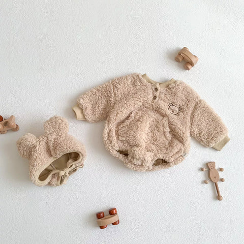 Baby Sherpa Fleece Bear Bodysuit with Hat
