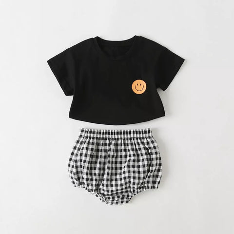 2 Pc Baby Girl Gingham Bloomer w/ Happy Face Tee