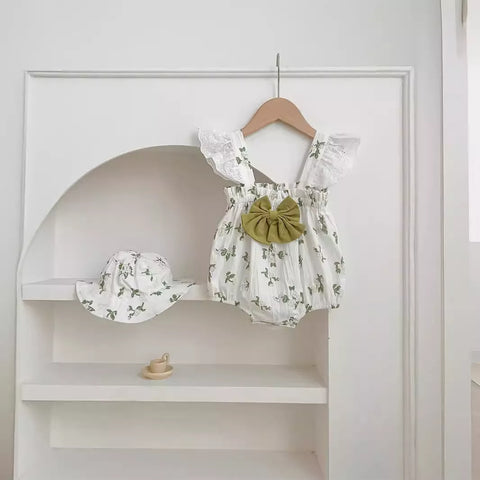 2 Pc Baby Girl Leaf Print Bodysuit with Hat