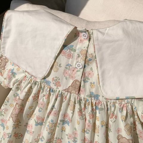 Girls Vintage Style Bear Print Square Collar Dress