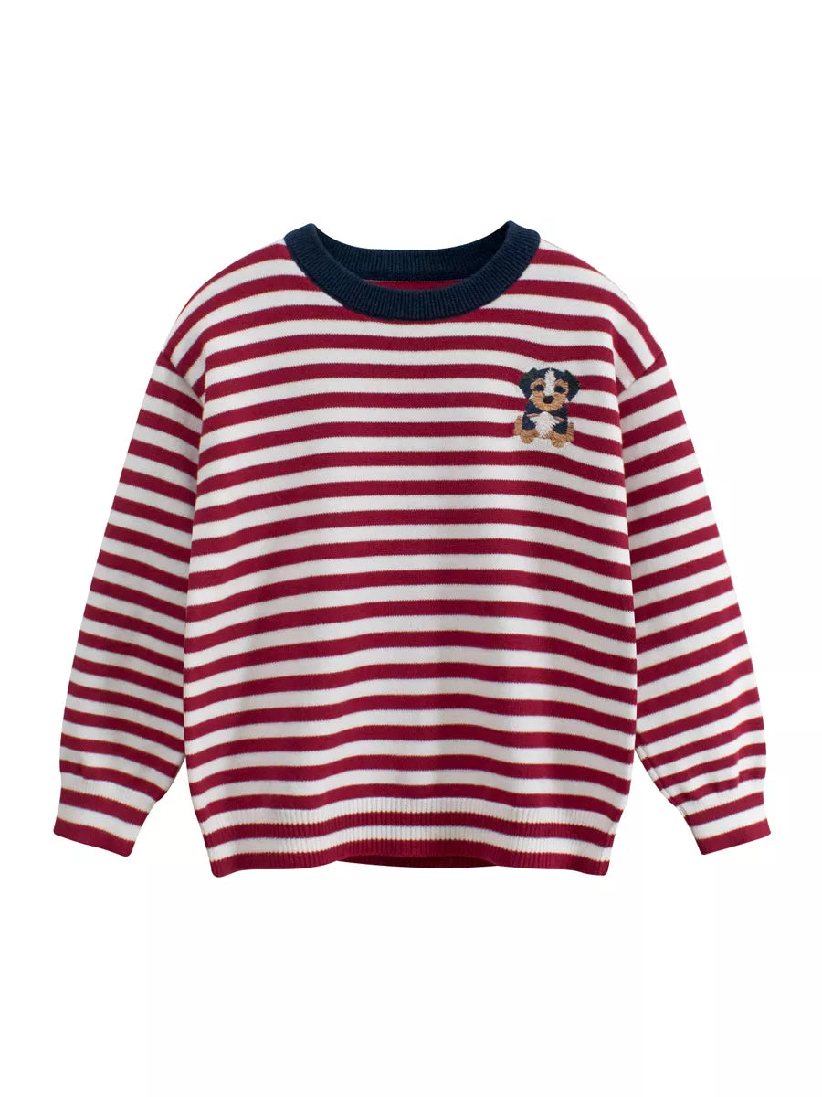 Boys Stripe Sweater with Dog Embroidery