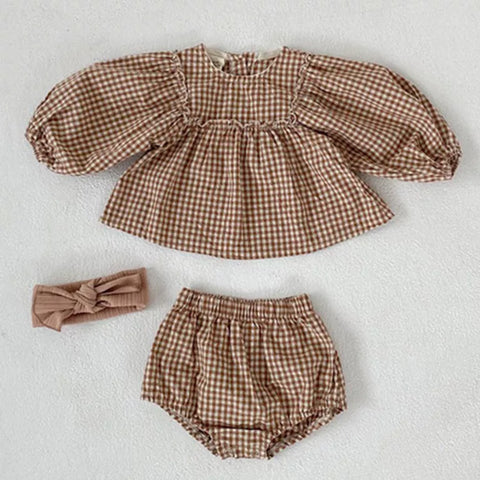 2 Pc Baby Girl Gingham Puff Sleeve Shirt & Shorts