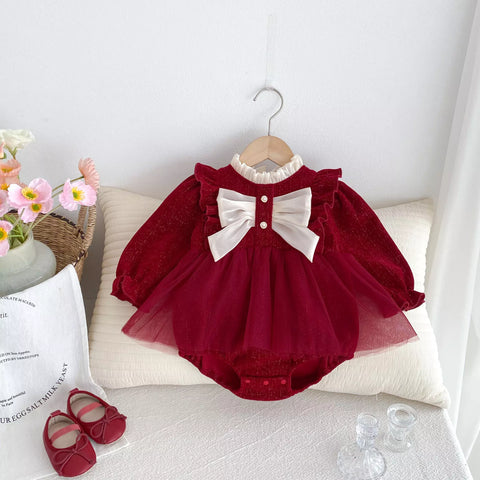 Baby Girls Tweed Satin Bow Detail Bodysuit Dress