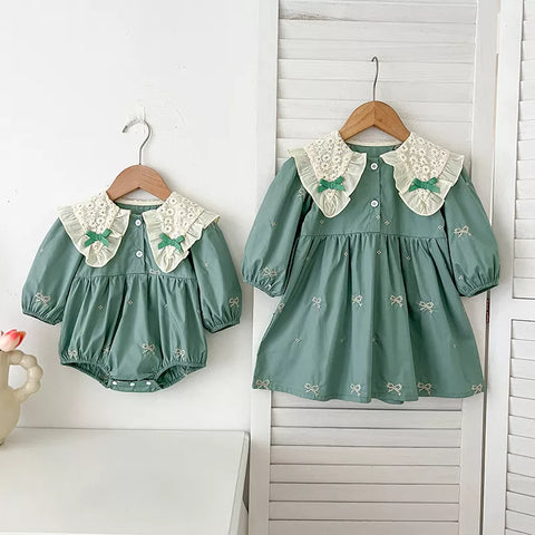 Girls Mini Bow Detail Peter Pan Collar Dress/Bodysuit