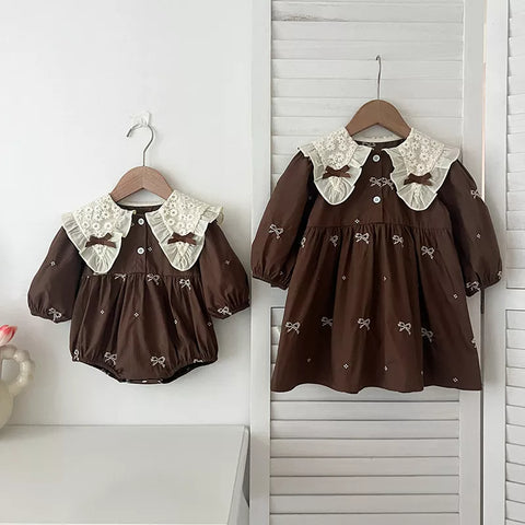 Girls Mini Bow Detail Peter Pan Collar Dress/Bodysuit