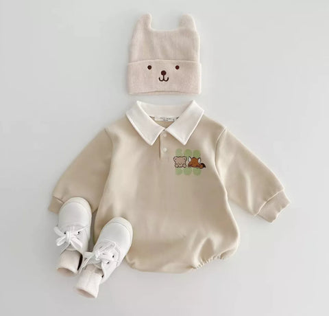 Baby Boy Bear & Fox Print Polo Bodysuit