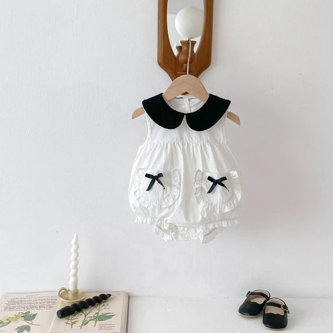 Baby Girl Contrast Ruffle Pocket Bow Bodysuit