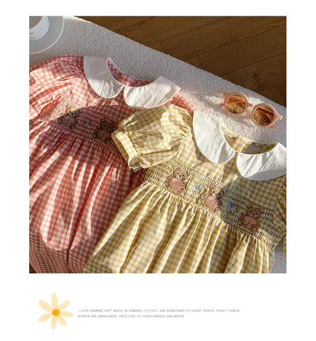Girls Gingham Smocked Bodice Bear Collar Dress