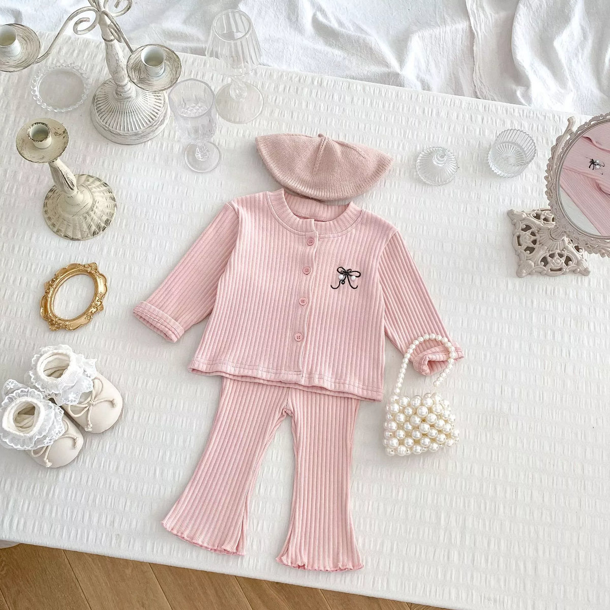 2 Pc Baby Girl Ribbed Knit Cardigan & Flare Pants Set