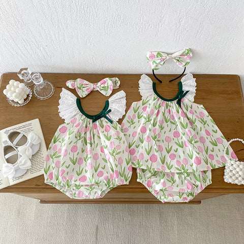 2 Pc Girls Tulip Print Dress/Bodysuit with Headband