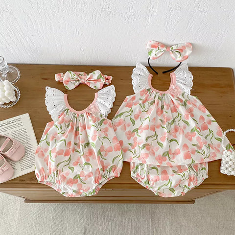 2 Pc Girls Tropical Floral Print Dress/Bodysuit with Headband