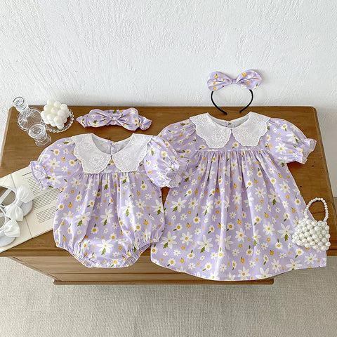 2 Pc Girls Bubble Sleeve Daisy Print Bodysuit/Dress