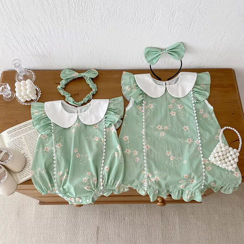 2 Pc Girls Mint Floral Collar Bodysuit/Dress