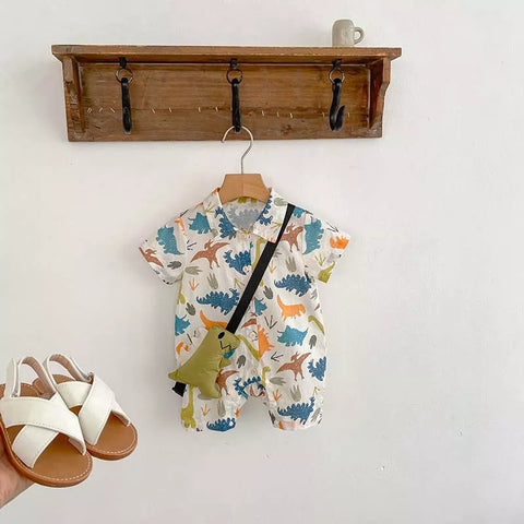 2 Pc Baby Boy Dinosaur Faux Bag Romper
