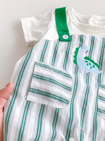2 pc Baby Boy Stripe Dinosaur Overalls & Tee Set