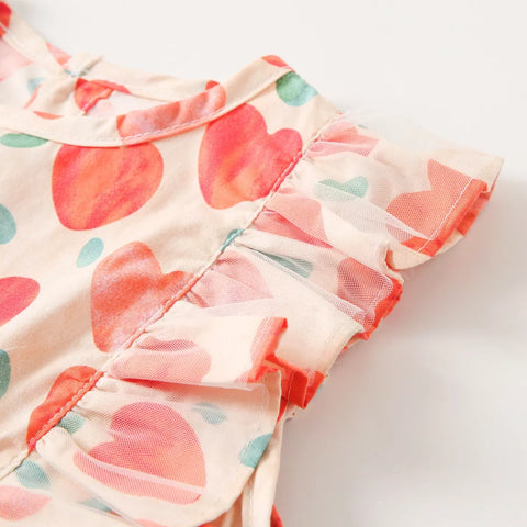 Girls Ruffle Heart Print Cotton Dress