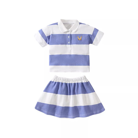 2 Pc Girls Stripe Polo Shirt & Skirt