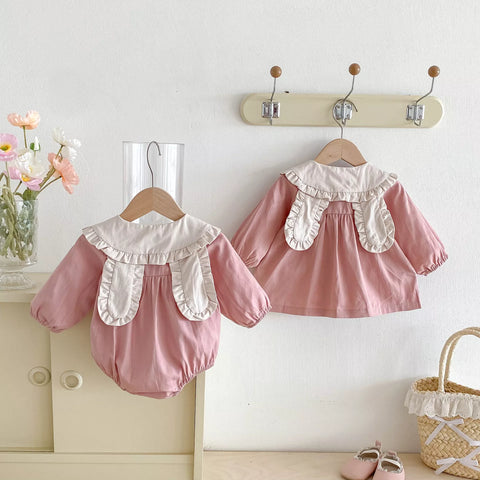Baby Girl Cotton Ruffle Bunny Ears Collar Bodysuit/Dress