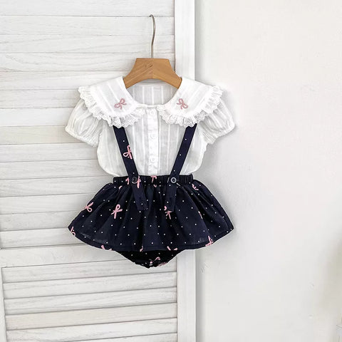 2 Pc Parisian Overall Skirt with Bow Collar Shirt