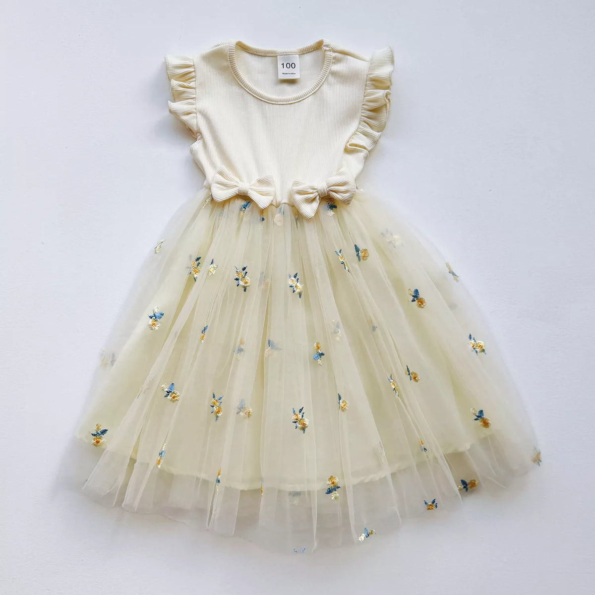 Girls Mesh Skirt Flower Ruffle Sleeve Dress