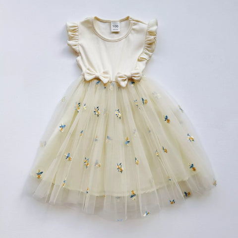 Girls Mesh Skirt Flower Ruffle Sleeve Dress