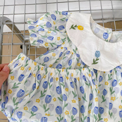 2 Pc Baby Girl Spring Tulip Collar Shirt & Shorts Set