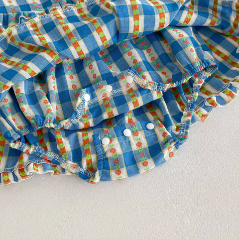 Baby Girl Blue Gingham Plaid Country Style Dress