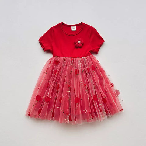 Girls Mesh Skirt Flower Tee Shirt Dress