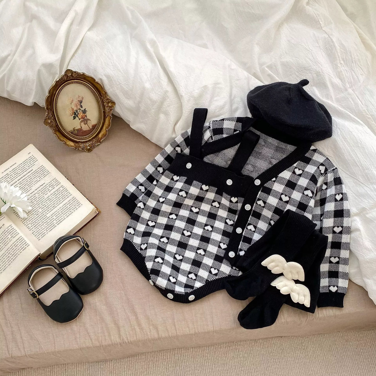 2 Pc Baby Girl Hearts Blocks Knit Cardigan & Bodysuit Set