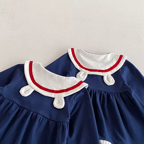 Baby Girls Bunny Ear Collar Color Block Ribbon Dress