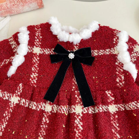 Girls Winter Plaid Furry Trim Dress