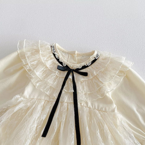 Baby Girl Romantic Lace Contrast Ribbon Bow Tie Dress