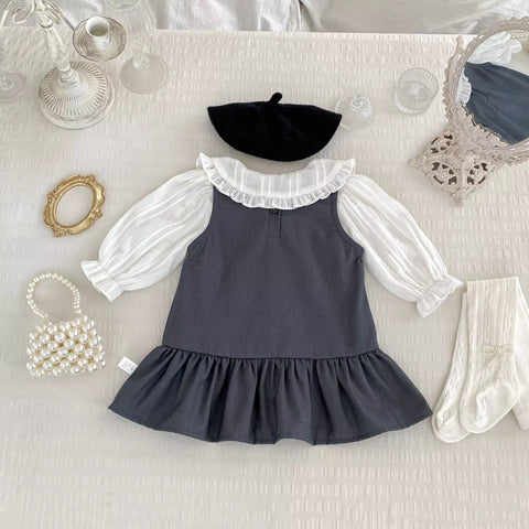 2 Pc Girls Ruffle Collar Shirt with Drop Waist Jumper Dress