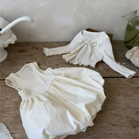 2 Pc Baby Girl Ribbed Cardigan & Bubble Hem Dress