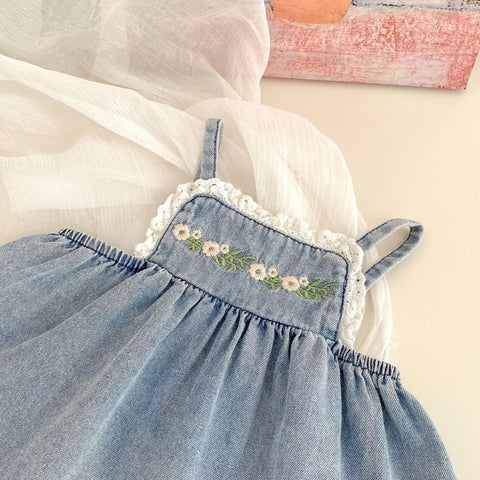2 Pc Flower Embroidery Denim Top & Wide Leg Set