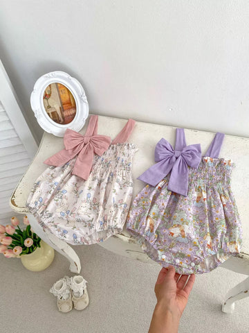 Baby Girl Spring Print Smocked Bow Bodysuit