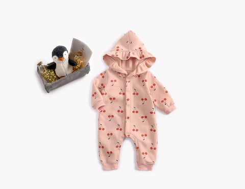 Baby Girl Cherry Print Ruffle Hooded Romper