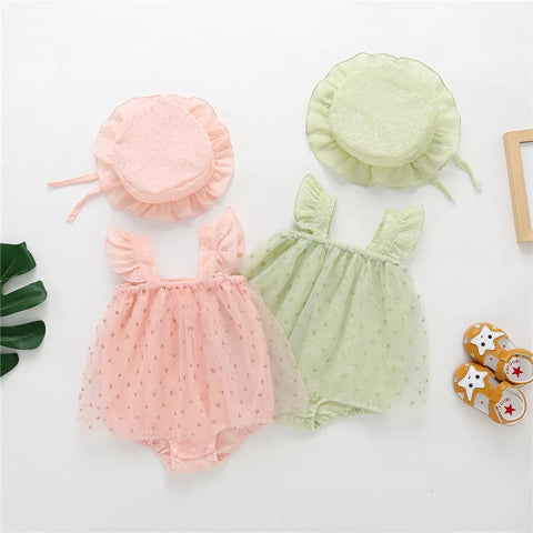 2 pc Baby Girl Sheer Flocked Hearts Bodysuit Dress w/ Hat