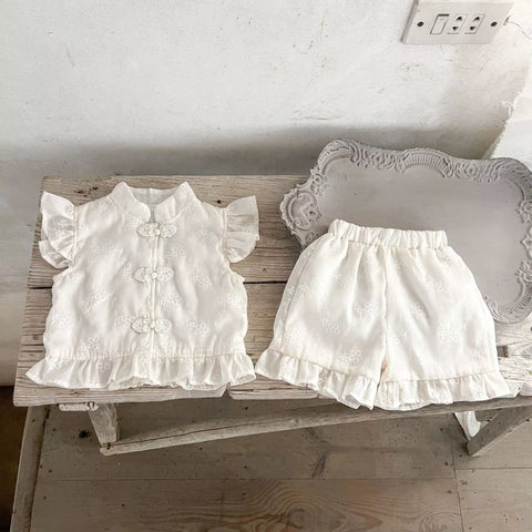 2 Pc Baby Girl Frog Button Mandarin Shirt & Shorts Set