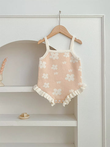 Baby Girl Flower Print Knit Ruffle Hem Bodysuit