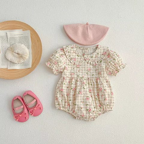 Girls Floral Peter Pan Flower Gingham Bodysuit Dress