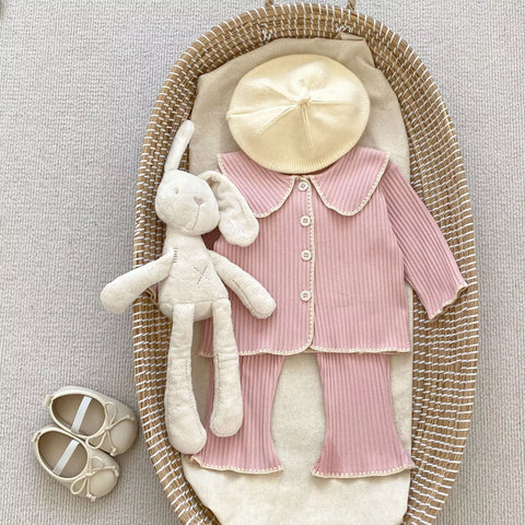 2 Pc Girls Ribbed Coverstitch Cardigan Set