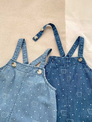 Unisex Bear Polka Dot Denim Shorts Overalls