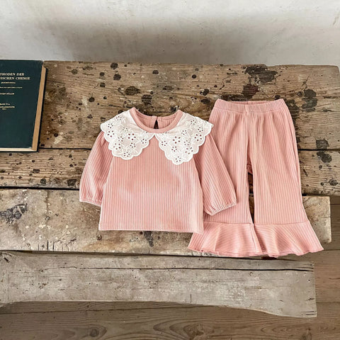 2 Pc Girls Baby Girl Ribbed Lace Collar Set