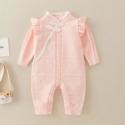 Baby Girl Knit Mandarin Collar Romper