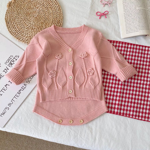 2 Pc Baby Girl Flower & Leaf Cardigan Bodysuit Set