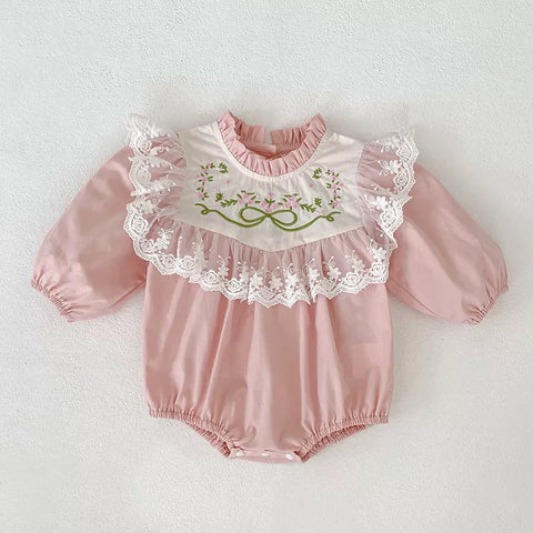 Girls Floral Embroidery Bib Bodysuit Dress