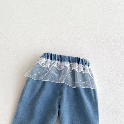 Toddler Girls Sheer Lace Skirt Denim Jeans