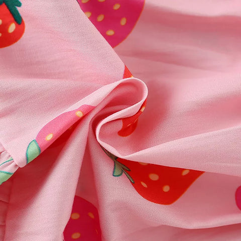 Girls Strawberry Print Tiered Dress